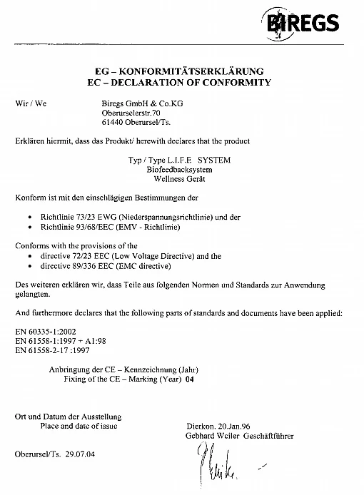 Sken vyhlásenia o zhode ES od spoločnosti Biregs GmbH pre L.I.F.E. System