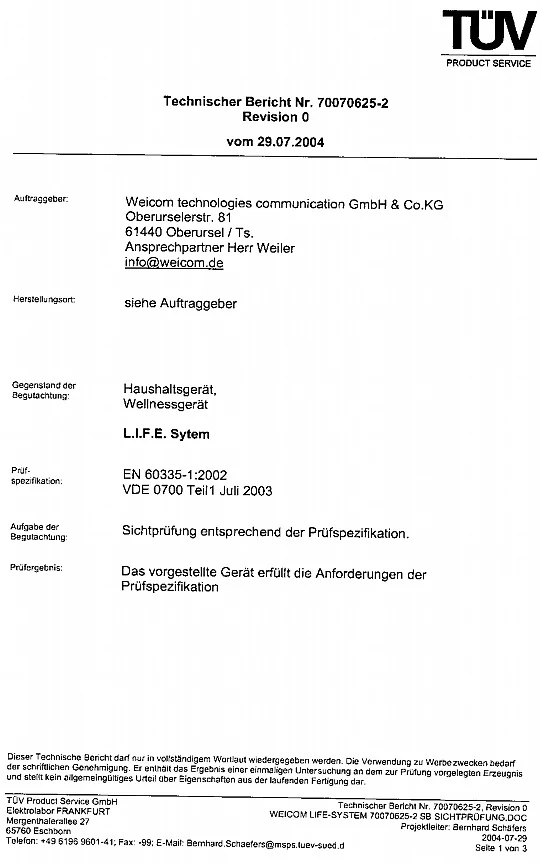Sken technickej správy TÜV Product Service číslo 70070625-2 z roku 2004
