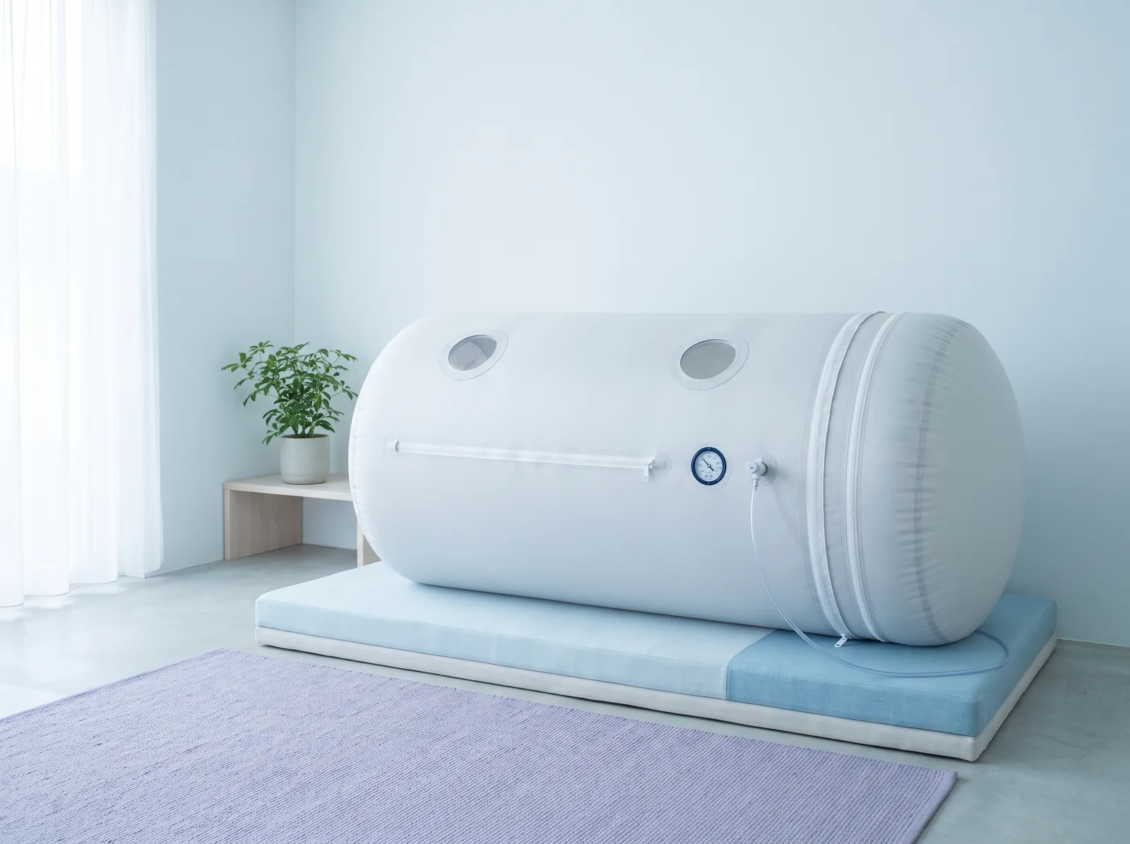 Mäkká hyperbarická komora s okienkami a tlakomerom v svetlej miestnosti